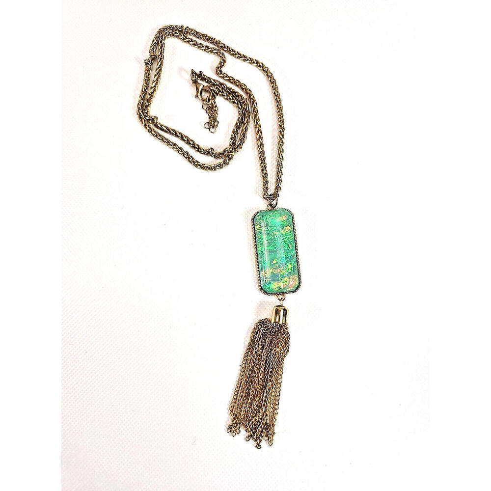 Vintage Tassel Necklace Faux Opal Pendant Long 27in Gold Tone Victorian Revival